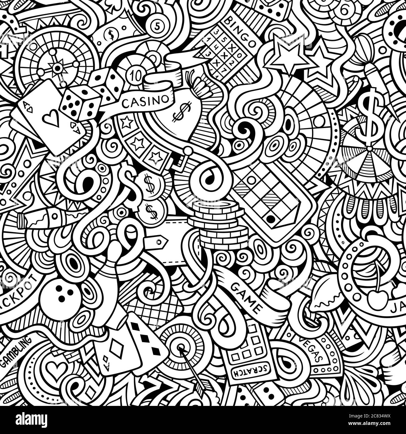 Cartoon hand-drawn doodles on the subject of casino style Stock Vector