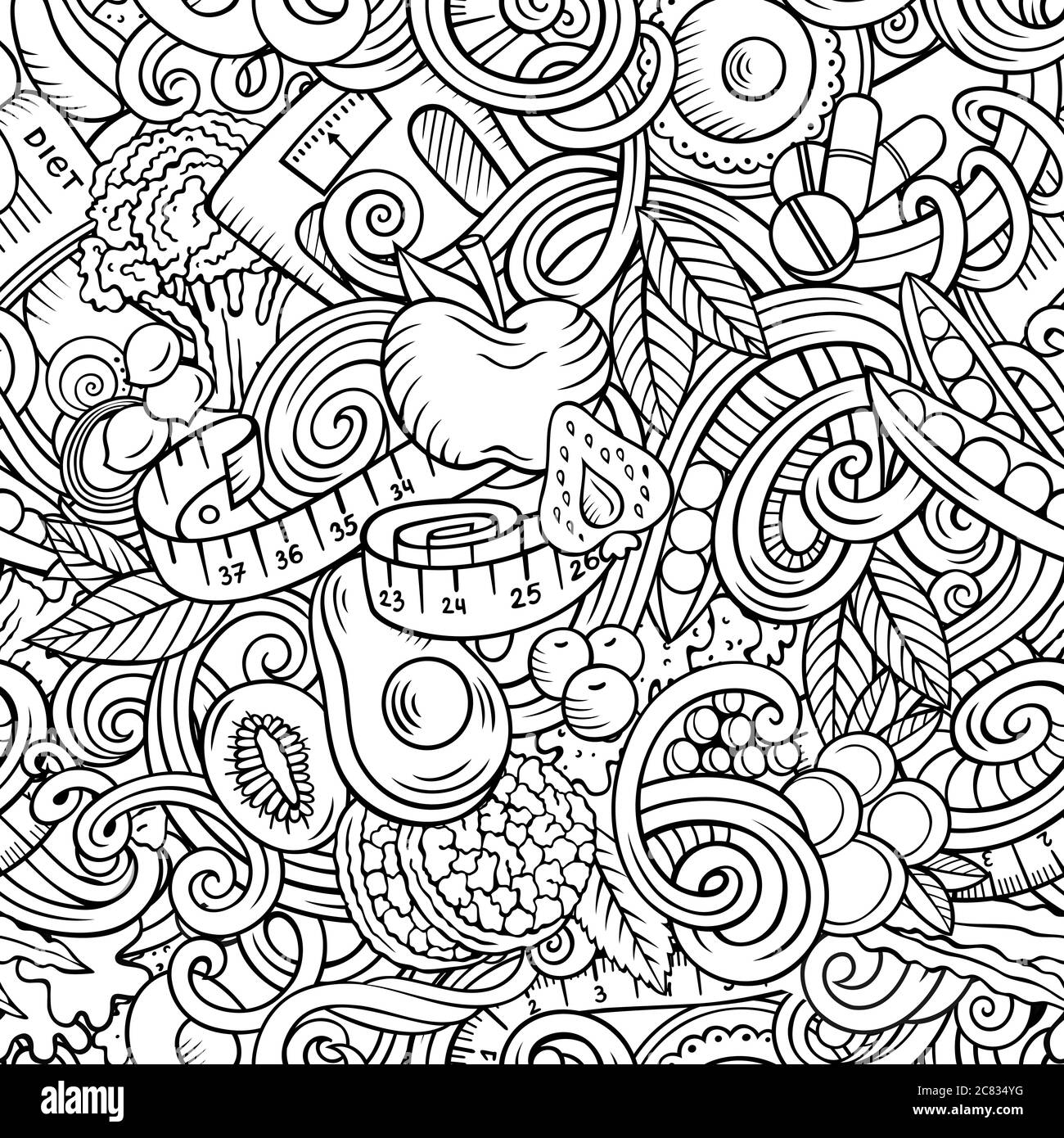 Cartoon cute doodles hand drawn Diet food seamless pattern Stock Vector ...