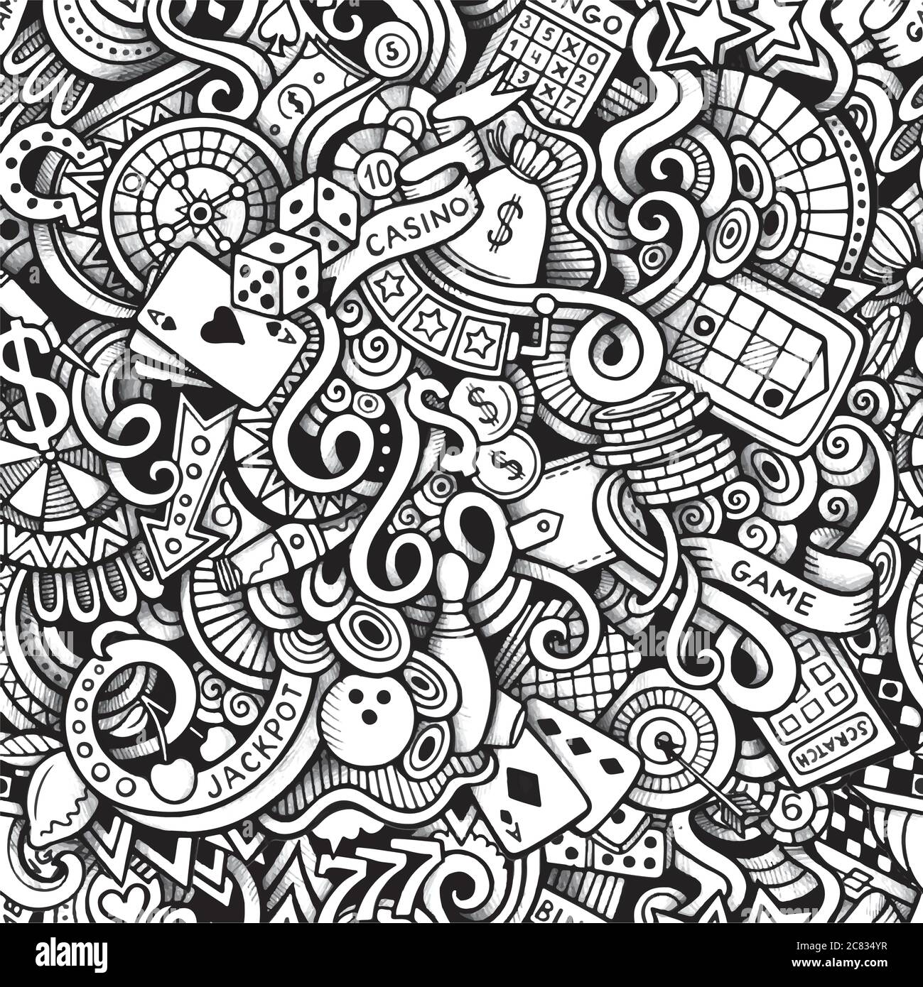 Cartoon hand-drawn doodles on the subject of Casino style theme Stock Vector