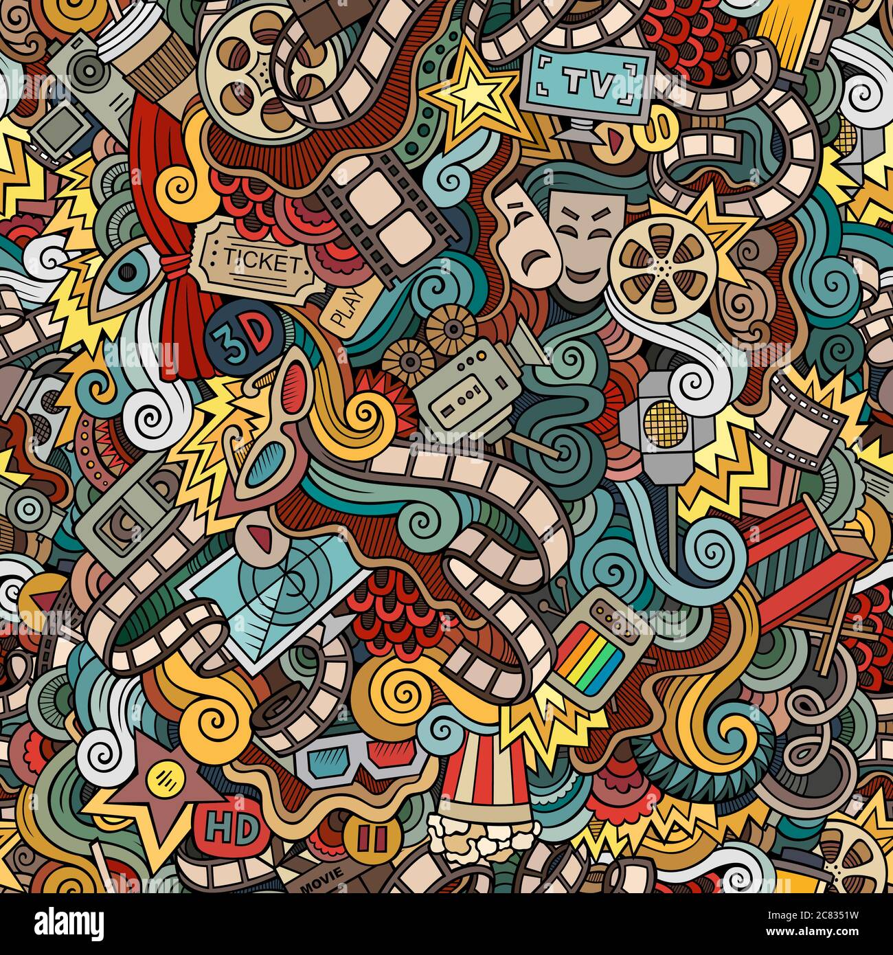 Cartoon doodles cinema seamless pattern Stock Vector