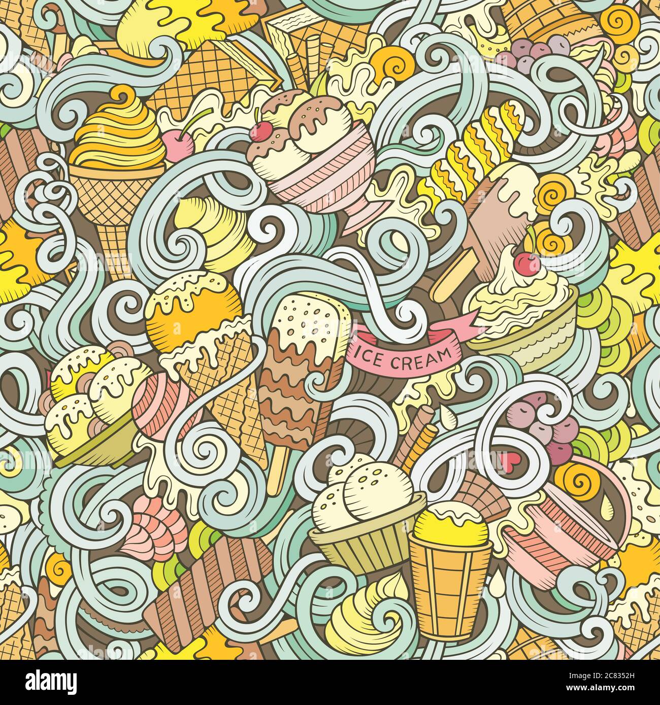 Cartoon hand-drawn ice cream doodles seamless pattern Stock Vector ...
