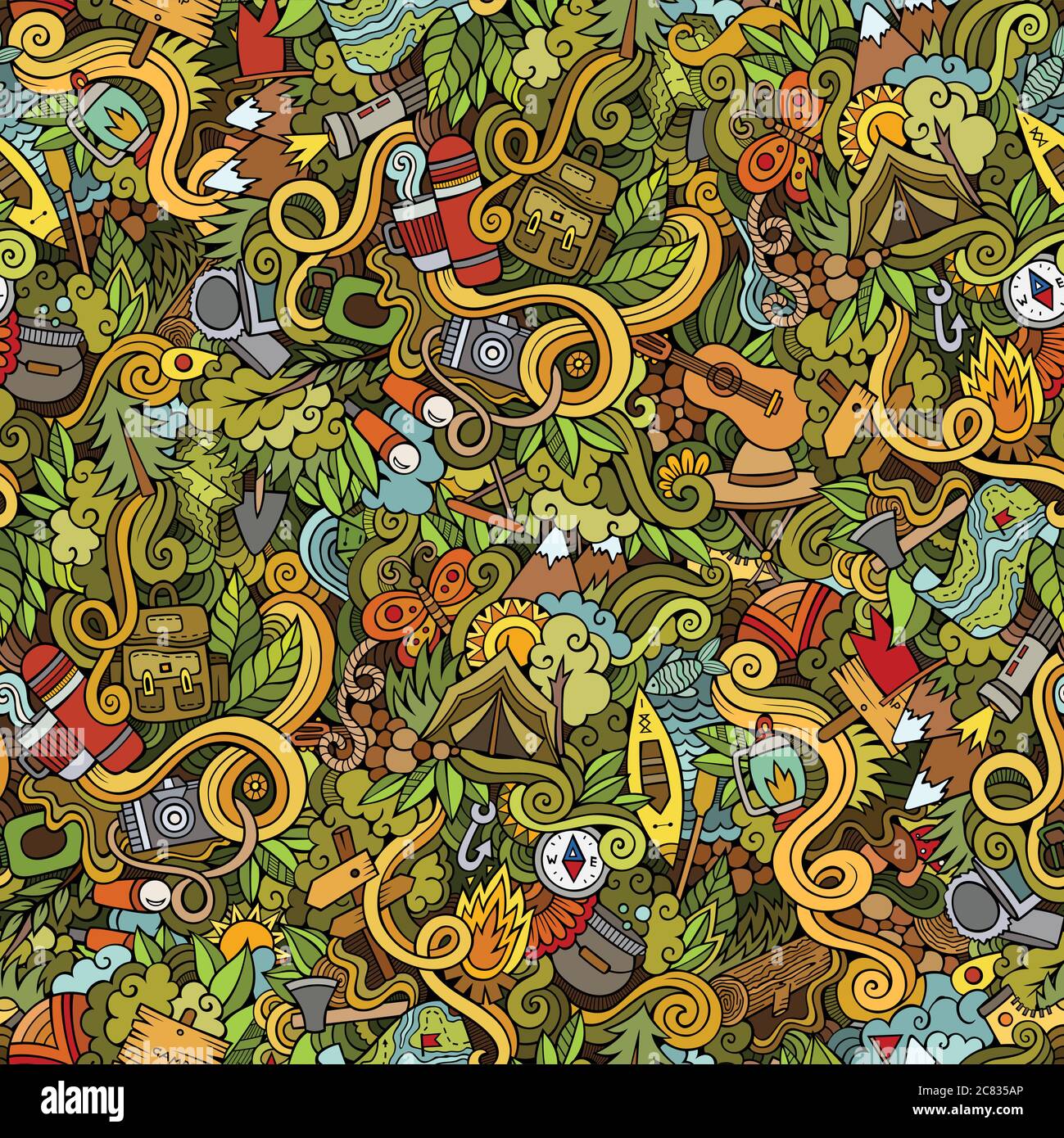 Cartoon vector doodles camping seamless pattern Stock Vector Image ...