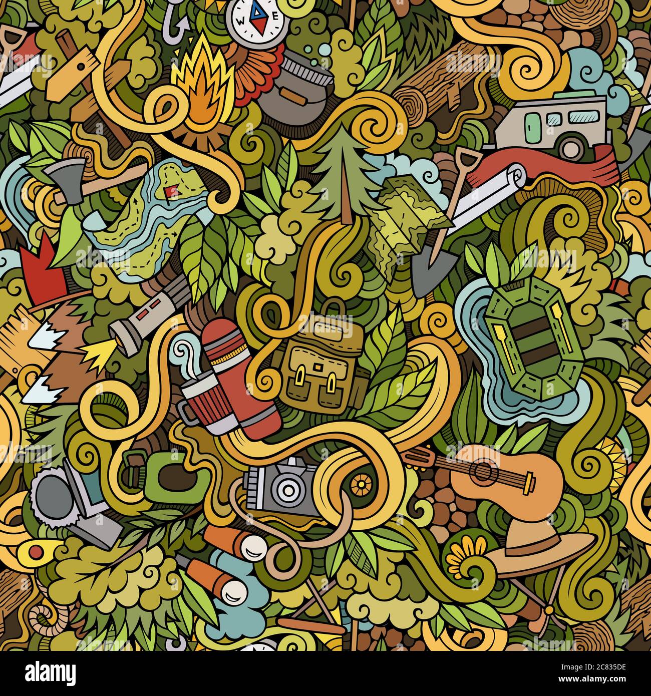 Cartoon vector doodles camping seamless pattern Stock Vector Image ...