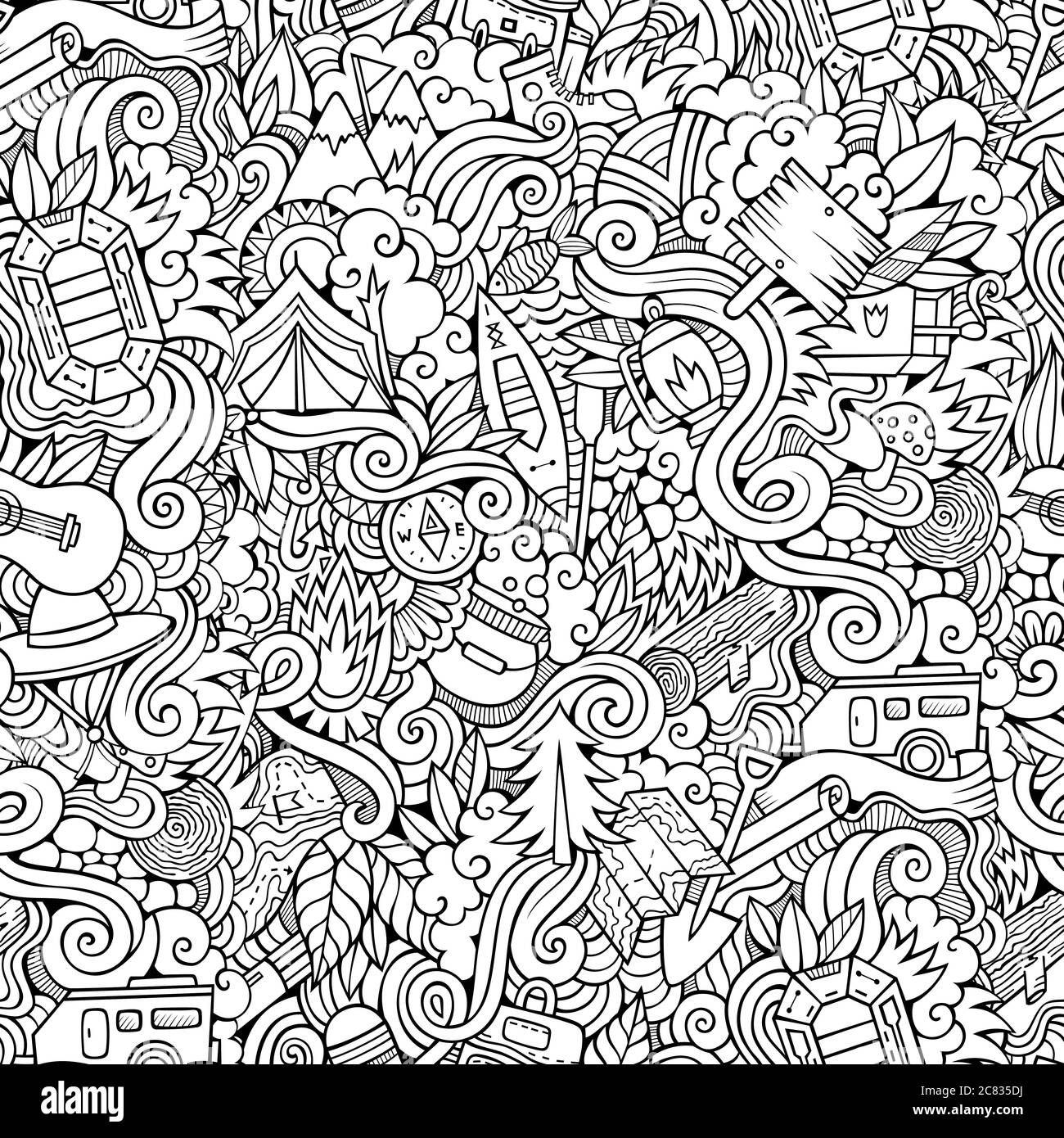 Cartoon vector doodles camping seamless pattern Stock Vector Image ...