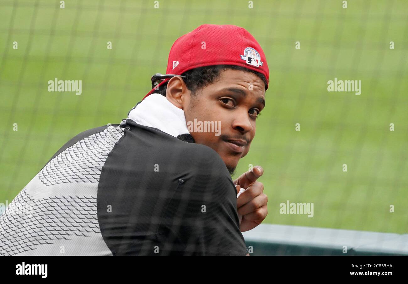 St. Louis, United States. 20th July, 2020. St. Louis Cardinals pitcher Alex Reyes watches batting practice from the dugout at Busch Stadium in St. Louis on Monday, July 20, 2020. Photo by Bill Greenblatt/UPI Credit: UPI/Alamy Live News Stock Photo