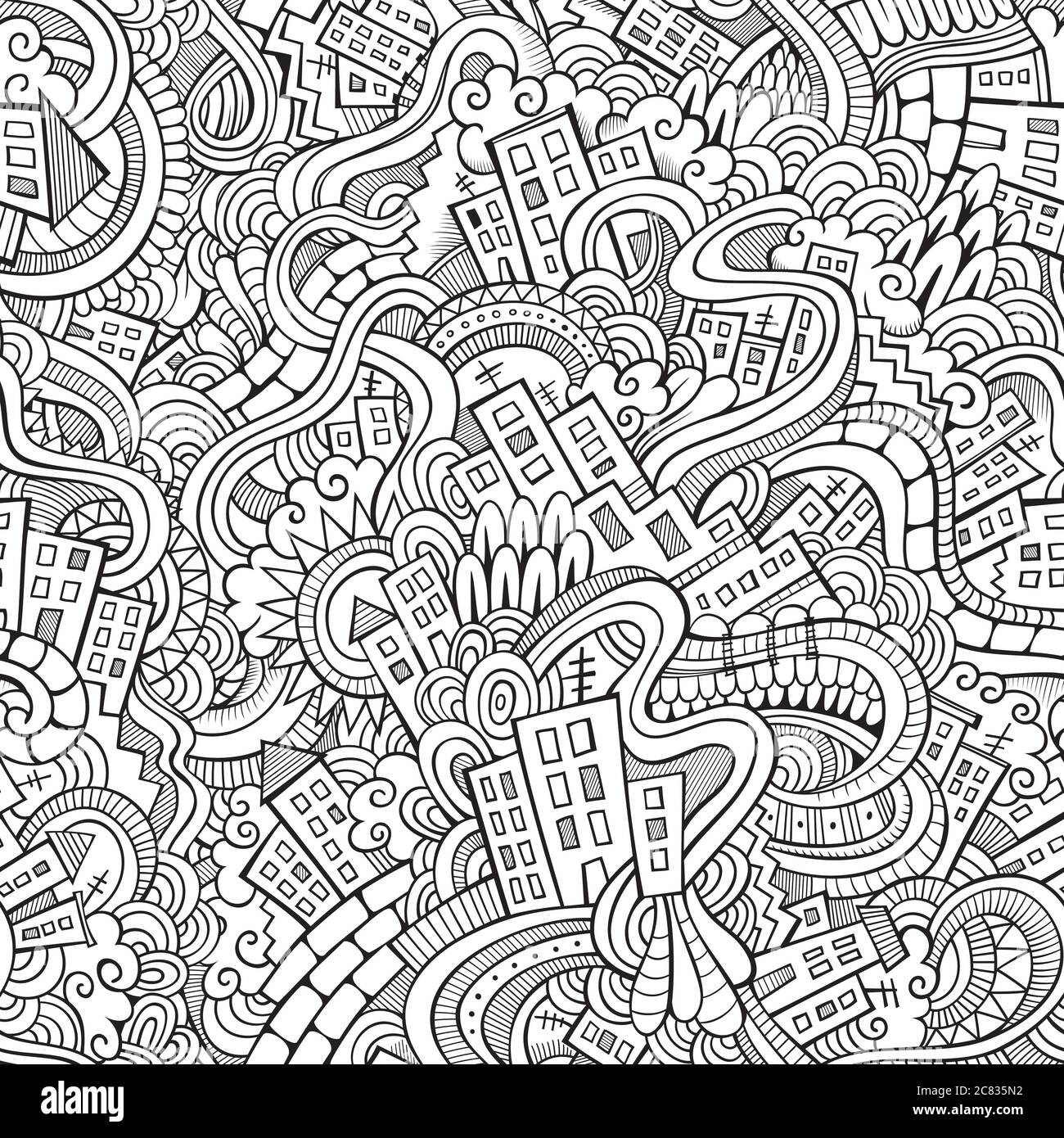 Cartoon vector doodles hand drawn town. seamless pattern Stock Vector ...