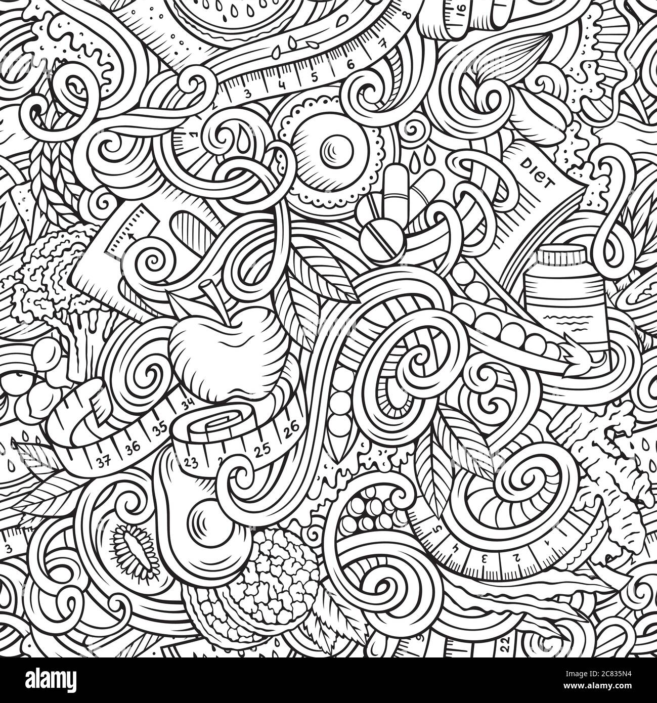 Cartoon cute doodles hand drawn Diet food seamless pattern Stock Vector ...