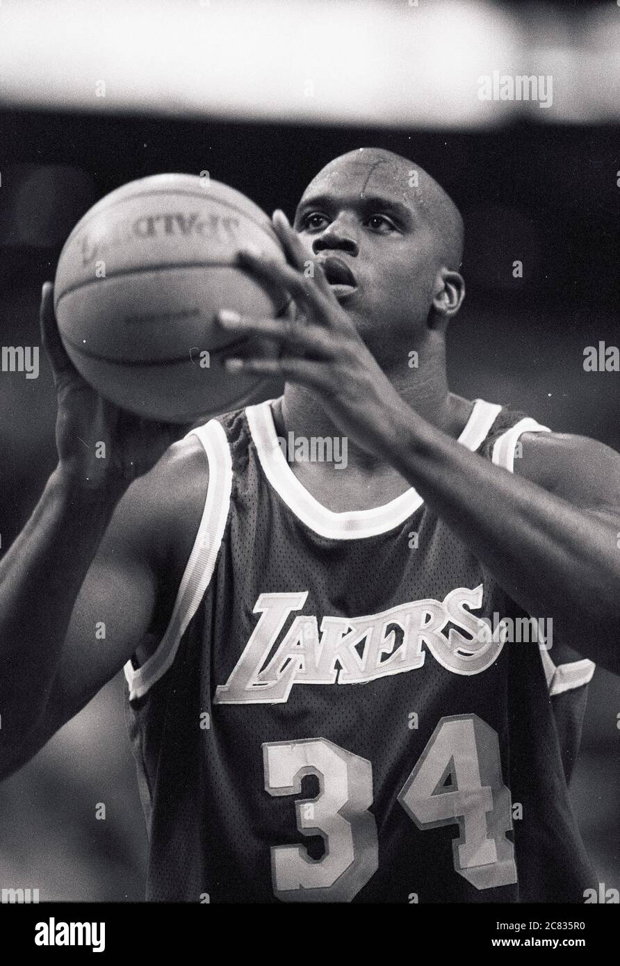 LA Lakers Shaquille O’Neal  at the free throw line in game action against the Boston Celtics 1996-97 season at the Fleet Center in BostonMa photo by bill belknap Stock Photo