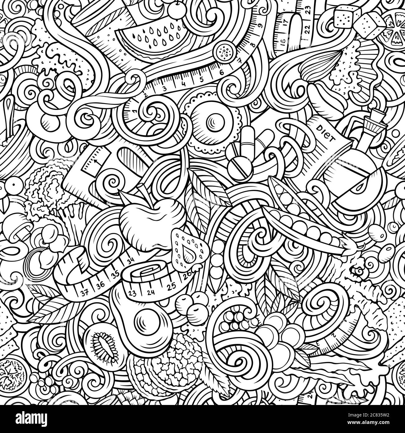 Cartoon cute doodles hand drawn Diet food seamless pattern Stock Vector ...