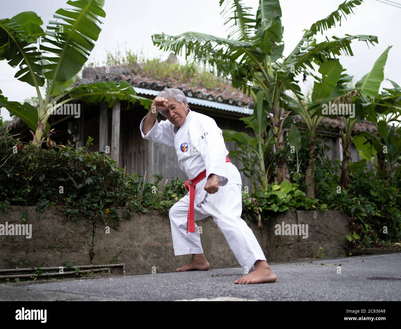 Kenyu Chinen Sensei of the World Oshukai Okinawa Shorin-Ryu Karate Do Kobudo Federation training  at his home in Ogimi Village, Okinawa Stock Photo