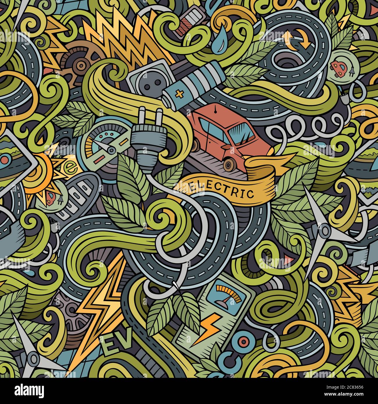 Cartoon cute doodles hand drawn Electric vehicle seamless pattern Stock ...