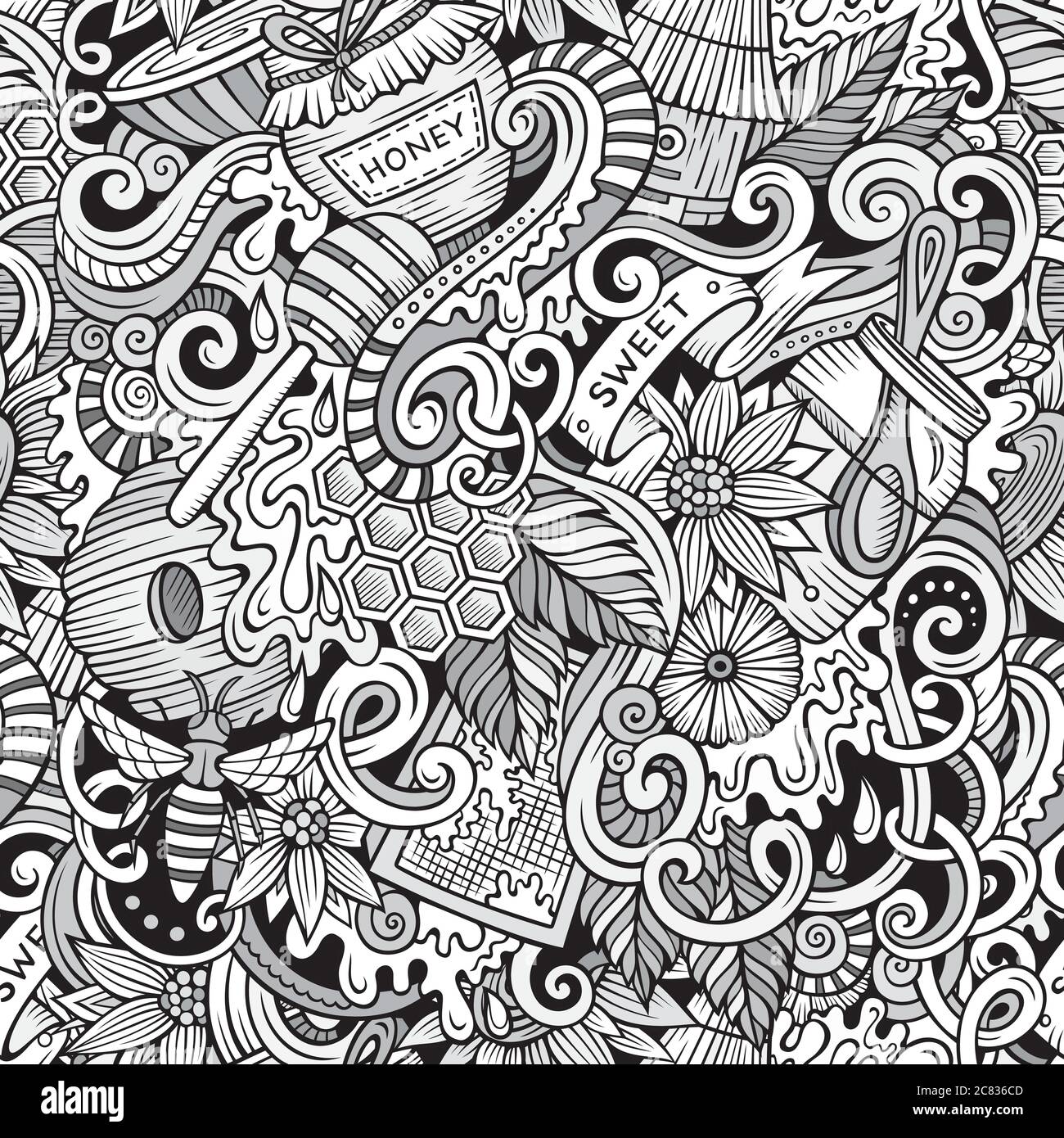 Cartoon cute doodles hand drawn Honey seamless pattern Stock Vector ...