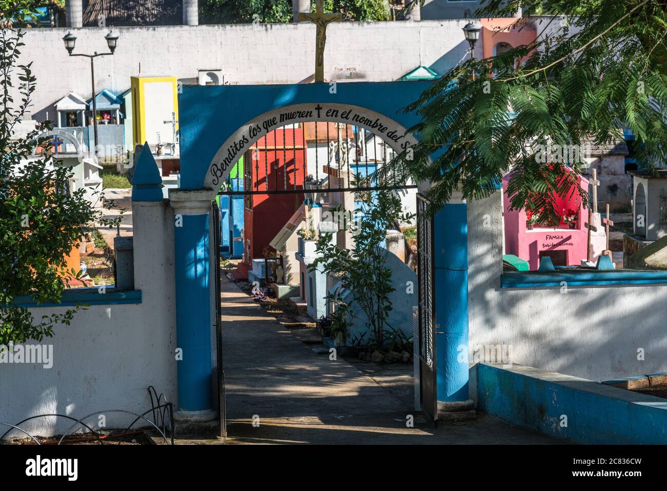 Colorful gravestones in a traditional cemetery in Holca, Yucatan, Mexico. Stock Photo