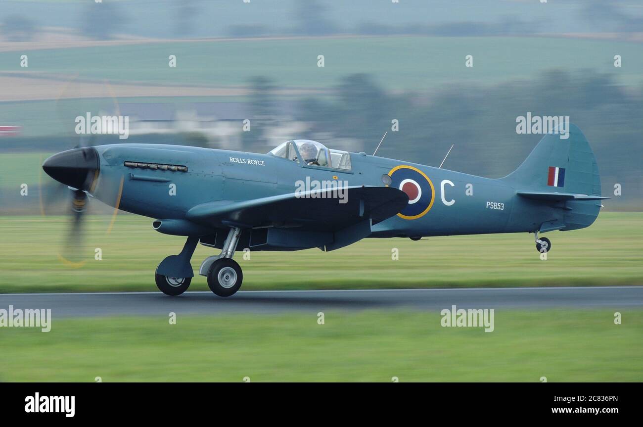 G-RRGN, a Supermarine Spitfire PR.19 owned by Rolls Royce, and painted its former RAF service colours as PS853, arriving for the 2013 Leuchars show. Stock Photo