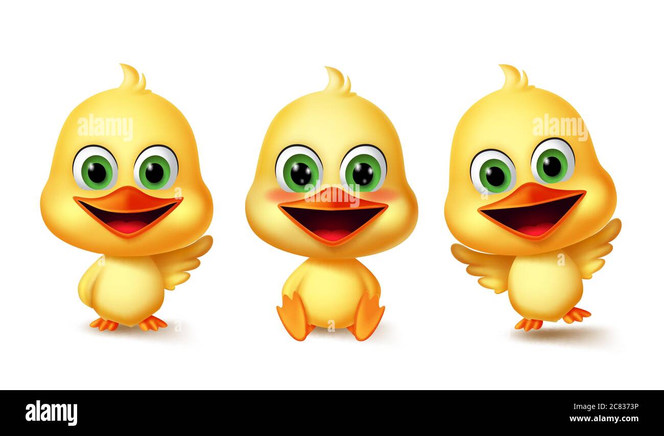 Duck yellow animals character vector set. Ducks animal kids characters in cute facial expression, pose and gestures for graphic design elements. Stock Vector