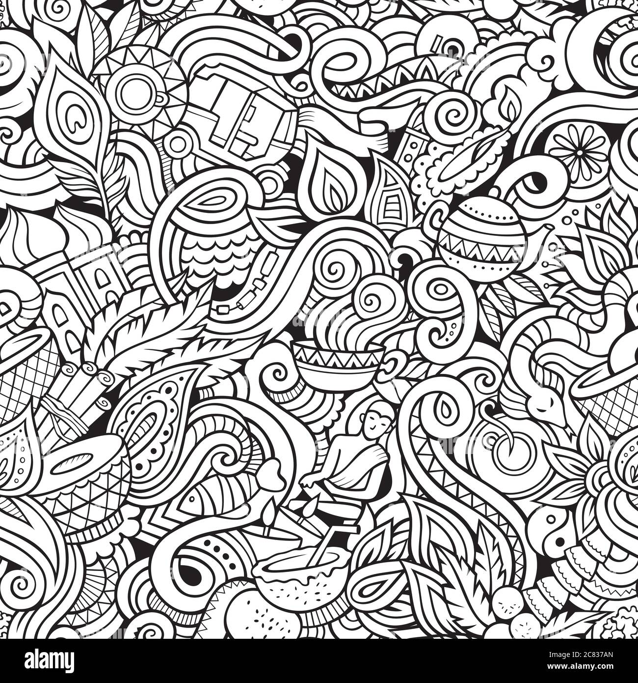 Cartoon cute doodles hand drawn Indian culture seamless pattern Stock Vector