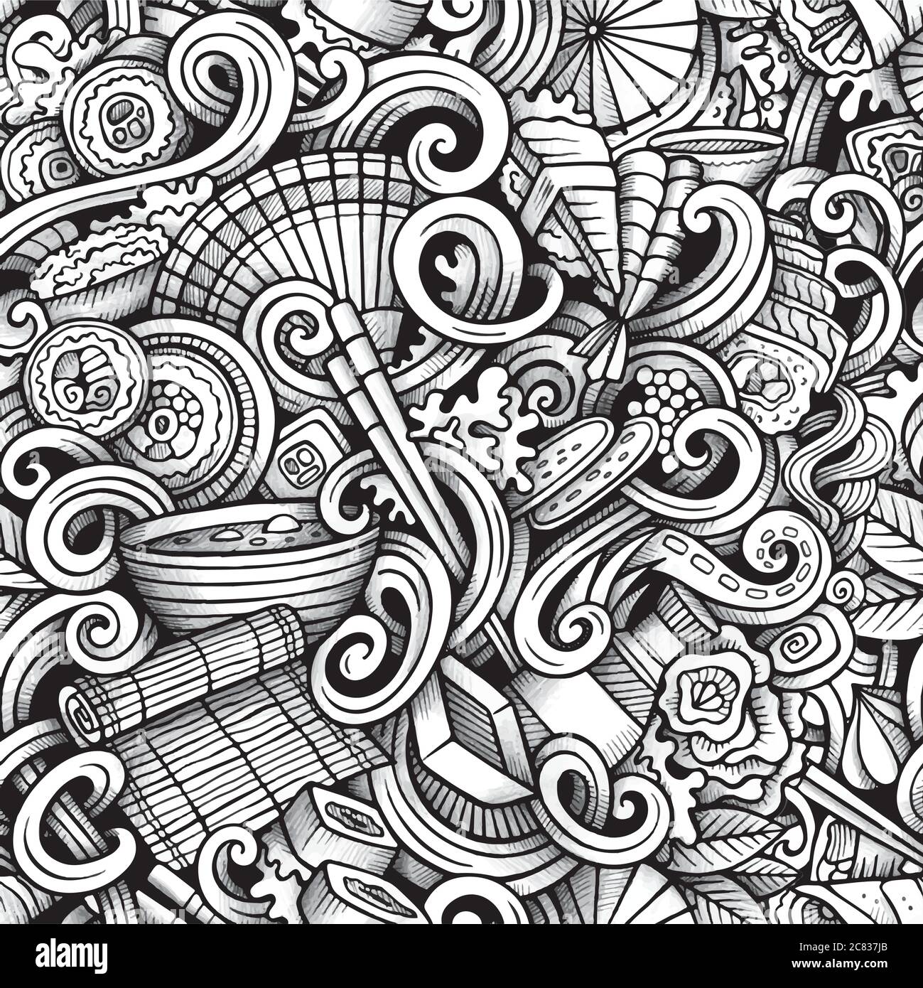 Cartoon hand drawn japanese food doodles seamless pattern Stock Vector ...