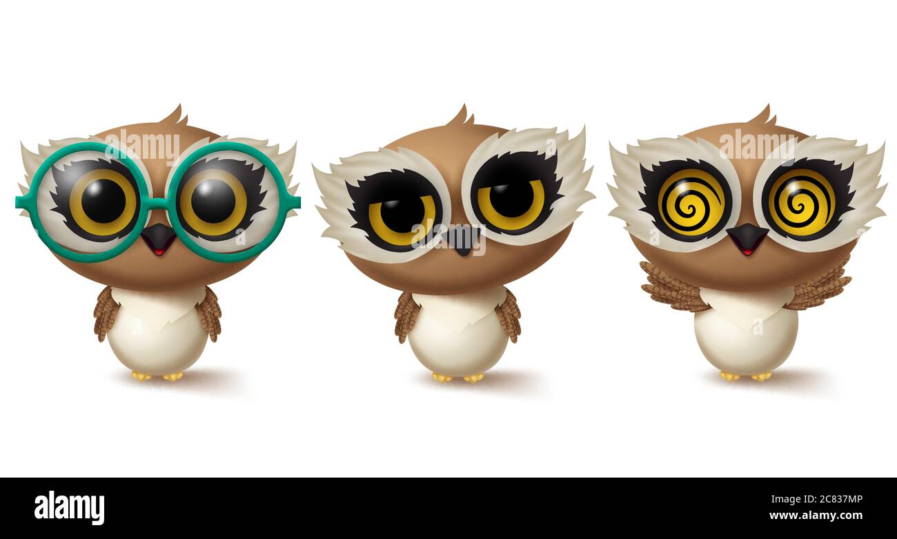 Owls animal characters vector set. Animals owl bird character in standing pose and gestures with cute facial expressions like dizzy, sleepy and friend. Stock Vector
