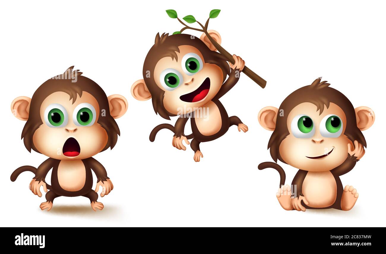 Monkey animals character vector set. Monkeys cute animal kids characters in different pose and gestures like surprise, thinking and hanging for jungle. Stock Vector