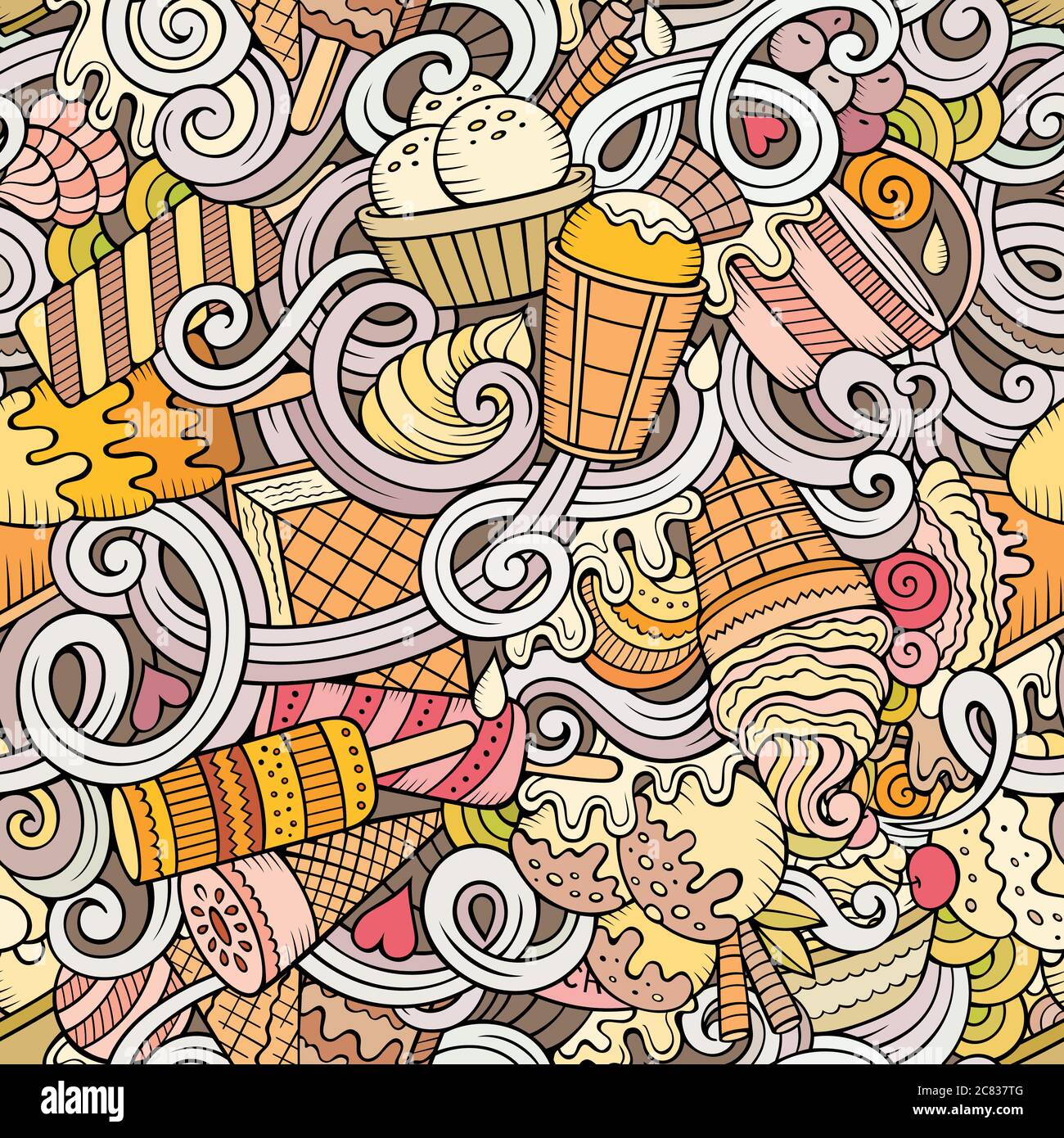 Cartoon hand-drawn ice cream doodles seamless pattern Stock Vector ...
