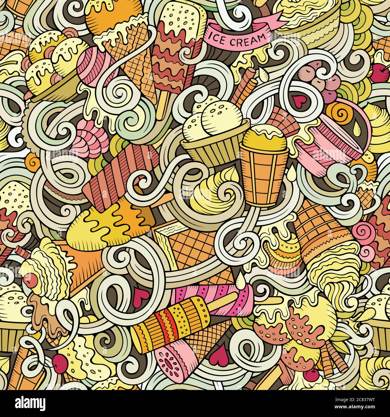 Cartoon hand-drawn ice cream doodles seamless pattern Stock Vector ...