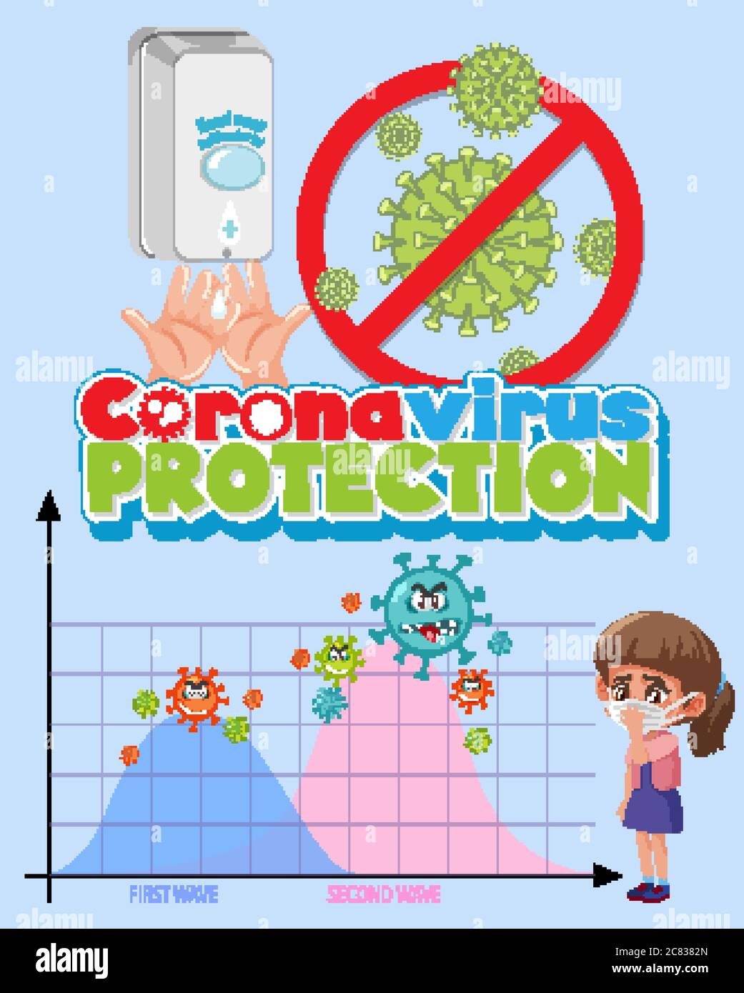 Coronavirus protection sign with second wave graph illustration Stock Vector