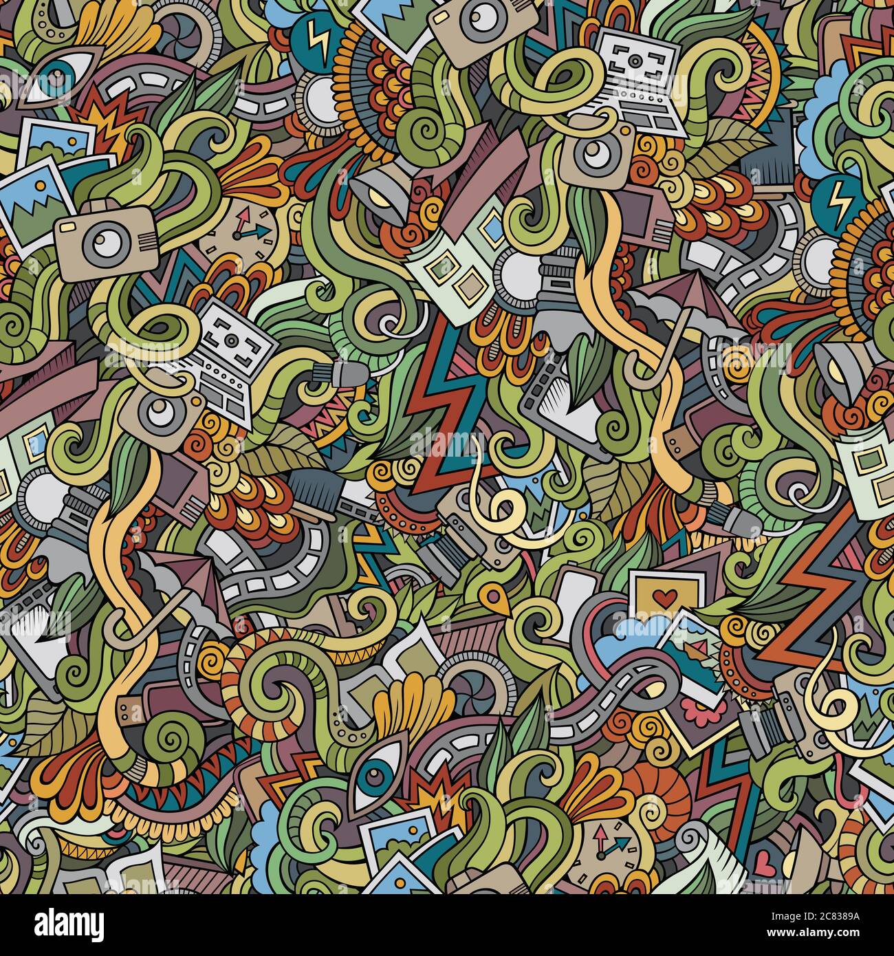 Cartoon hand-drawn doodles photography seamless patterns Stock Vector