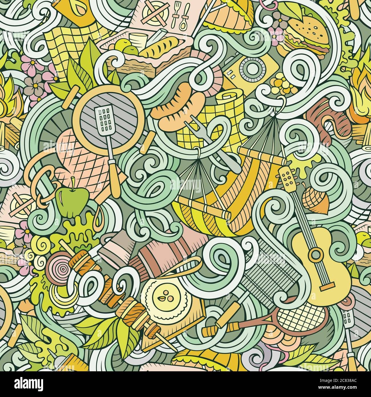 Cartoon hand-drawn picnic doodles seamless pattern Stock Vector