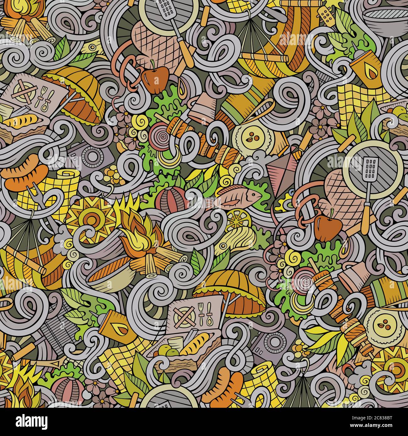 Cartoon hand-drawn picnic doodles seamless pattern Stock Vector