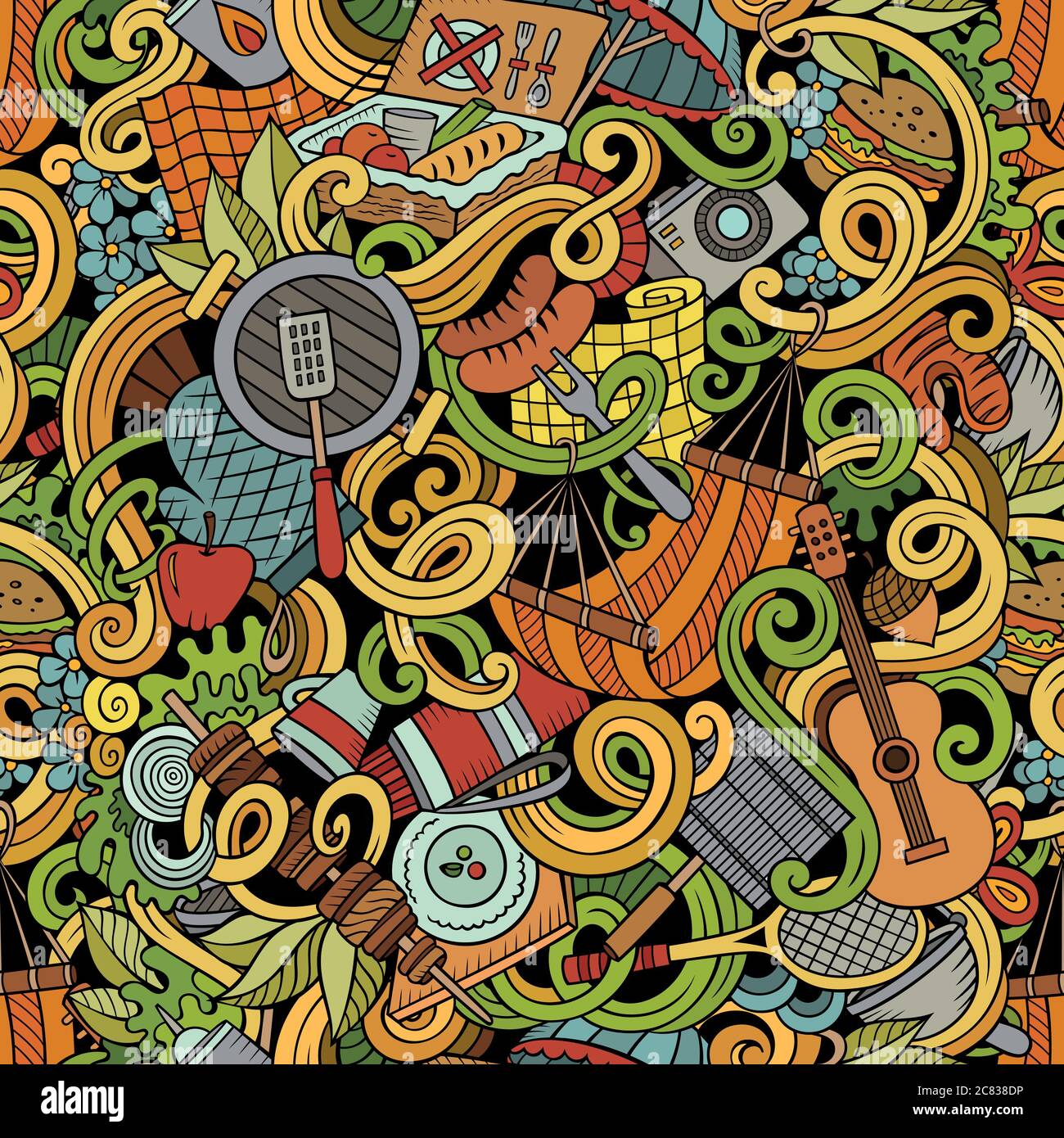 Cartoon hand-drawn picnic doodles seamless pattern Stock Vector