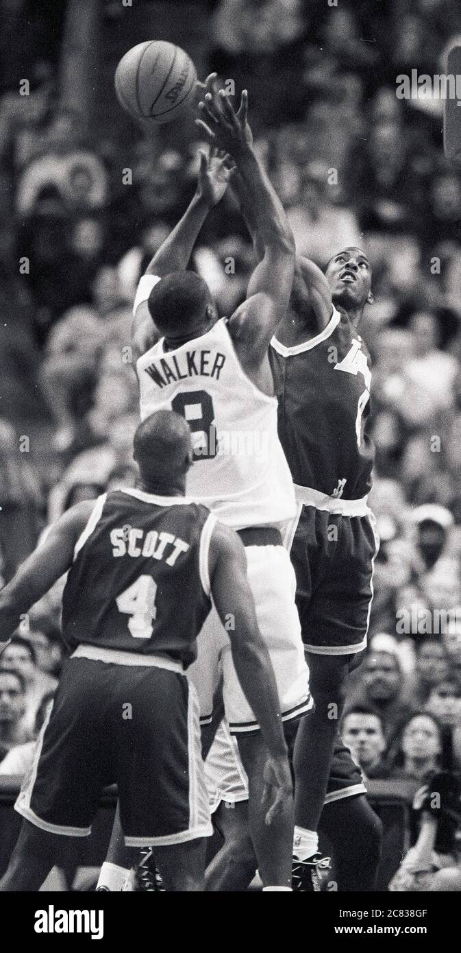 LA Lakers Kobe Bryant # 8 (right) knocks the ball away as Boston Celtics #8 Antoine Walker attemps to score in game action at the Fleet Center in Boston Ma USA 1996-97 season photo by Bill Belknap Stock Photo