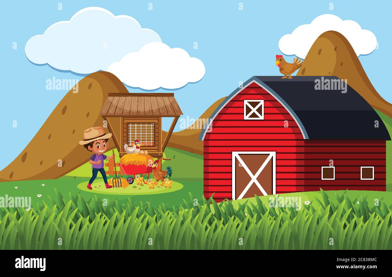 Farm scene with boy feeding chickens on the farm illustration Stock ...