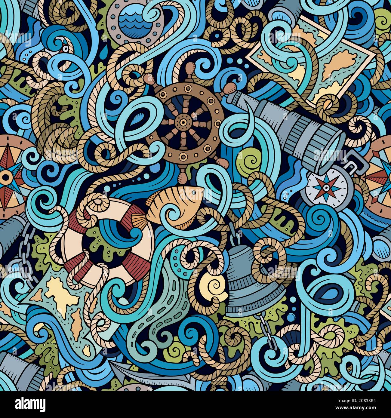 Cartoon hand-drawn nautical doodles seamless pattern Stock Vector Image ...