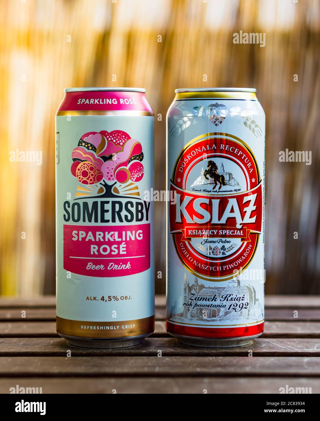POZNAN, POLAND - Jul 05, 2020: Somersby Sparkling Rose and Polish Ksiaz  beer in cans standing on a wooden table Stock Photo - Alamy