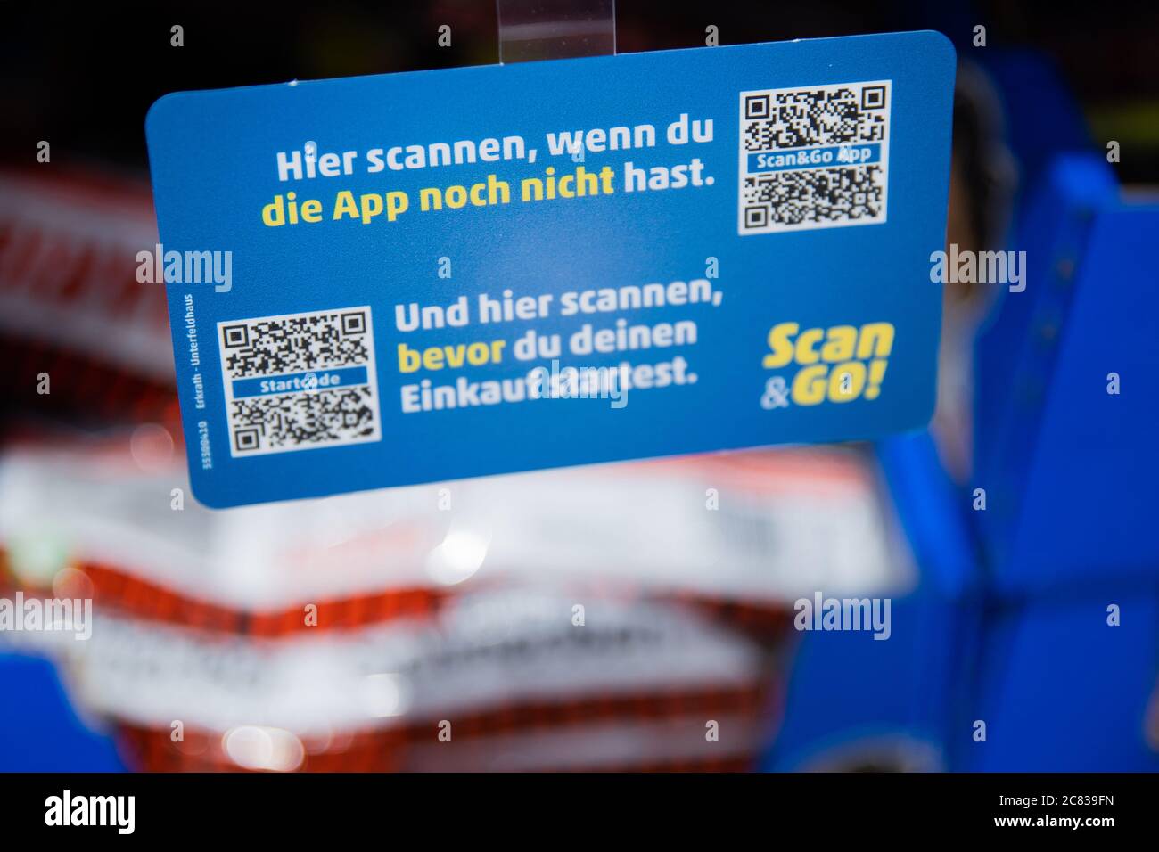 Erkrath, Germany. 14th July, 2020. The Scan&Go app is shown in a Penny  Market. With the Scan&Go app, users can scan their purchases while shopping  in the store and end up making