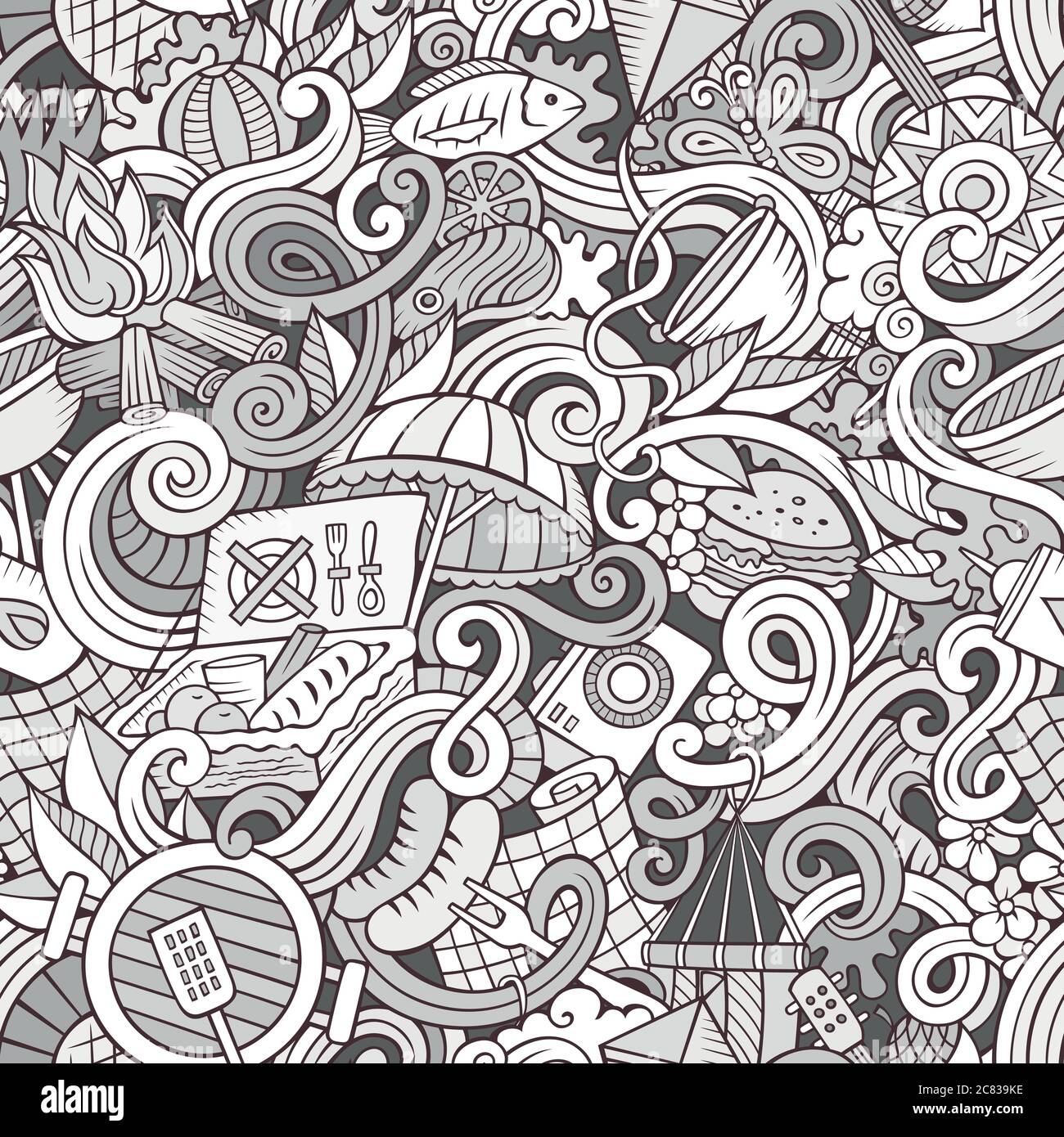 Cartoon hand-drawn picnic doodles seamless pattern Stock Vector
