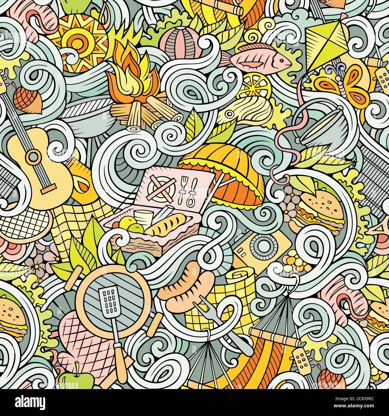 Cartoon hand-drawn picnic doodles seamless pattern Stock Vector