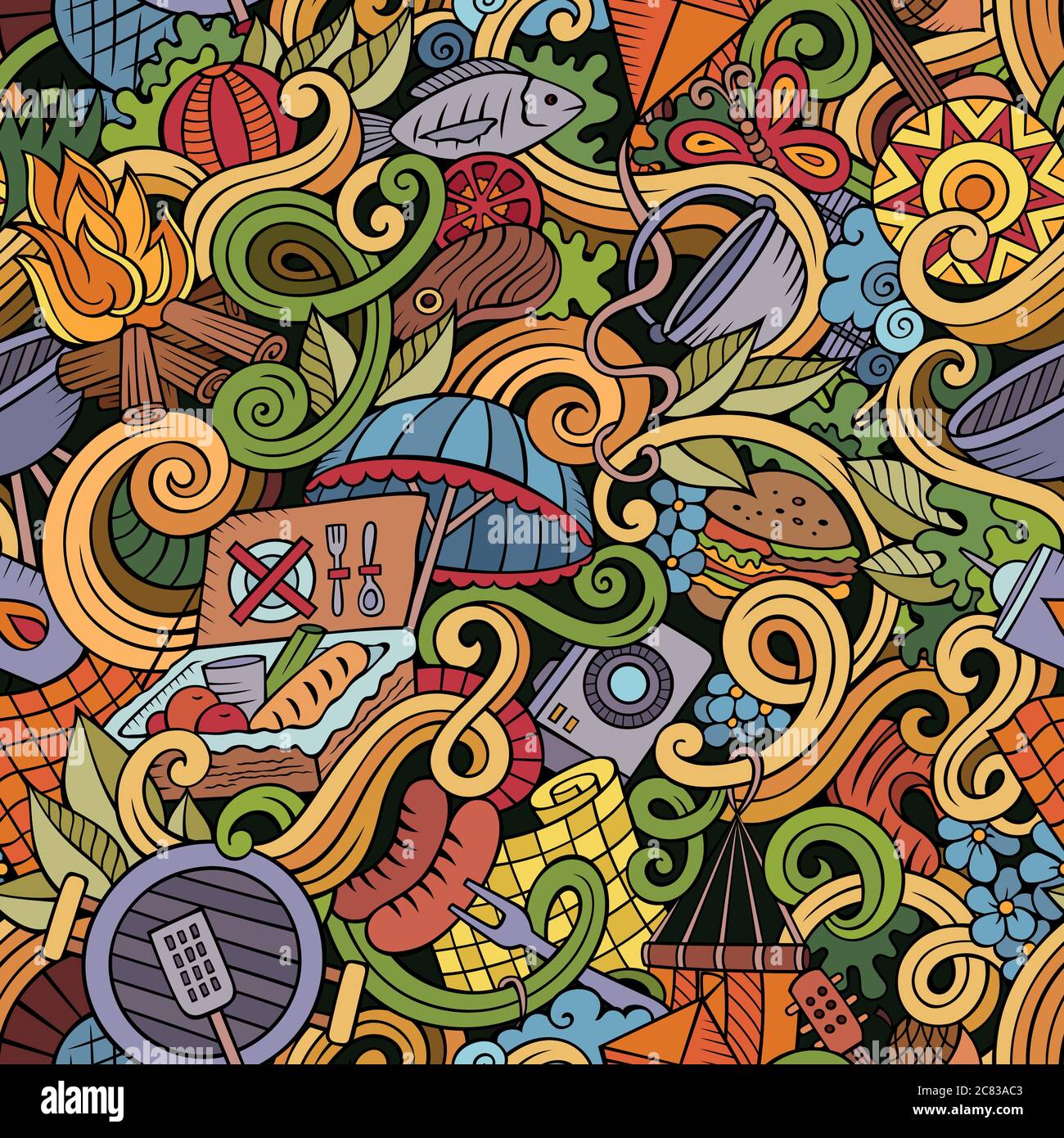 Cartoon hand-drawn picnic doodles seamless pattern Stock Vector