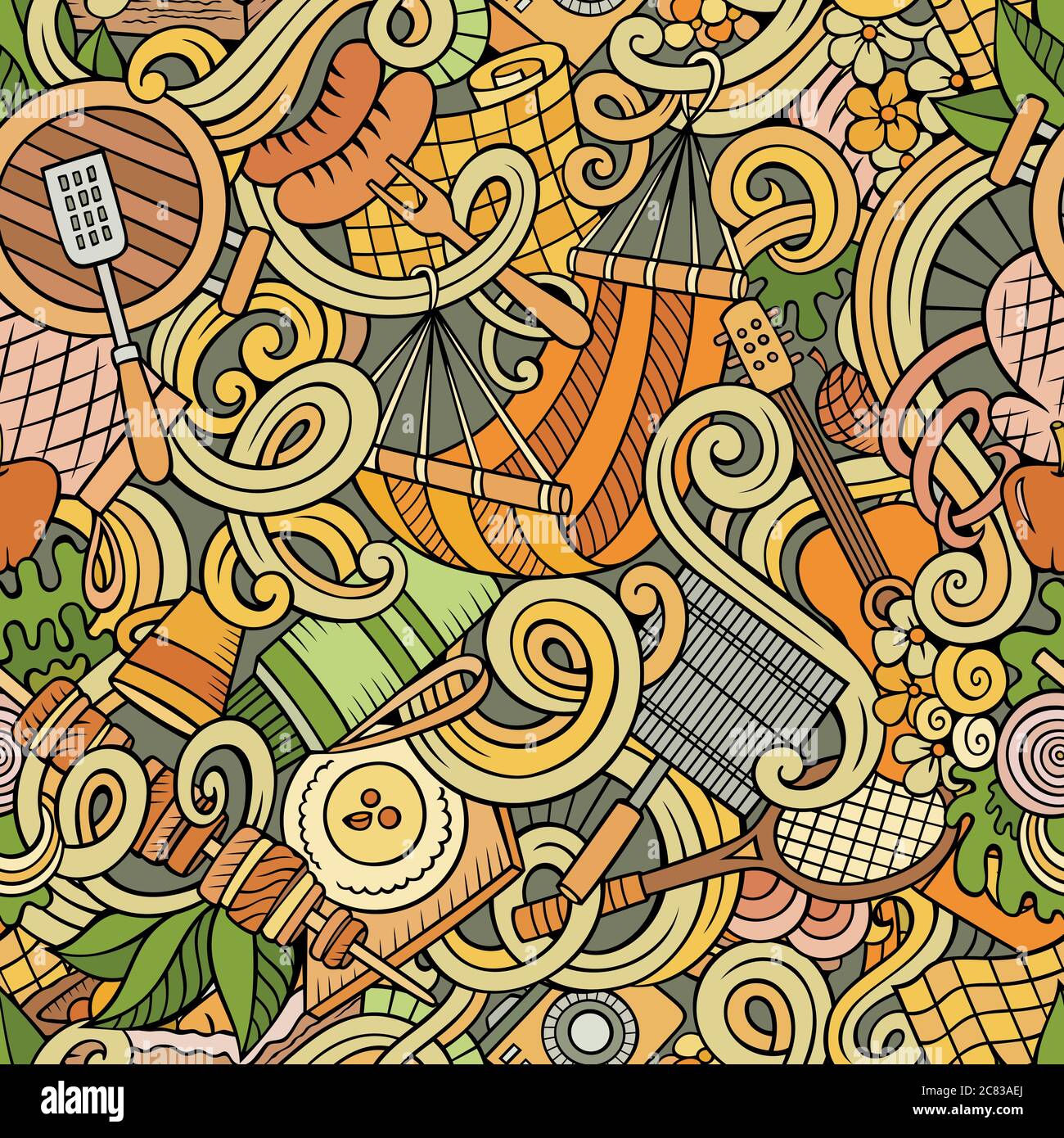 Cartoon hand-drawn picnic doodles seamless pattern Stock Vector