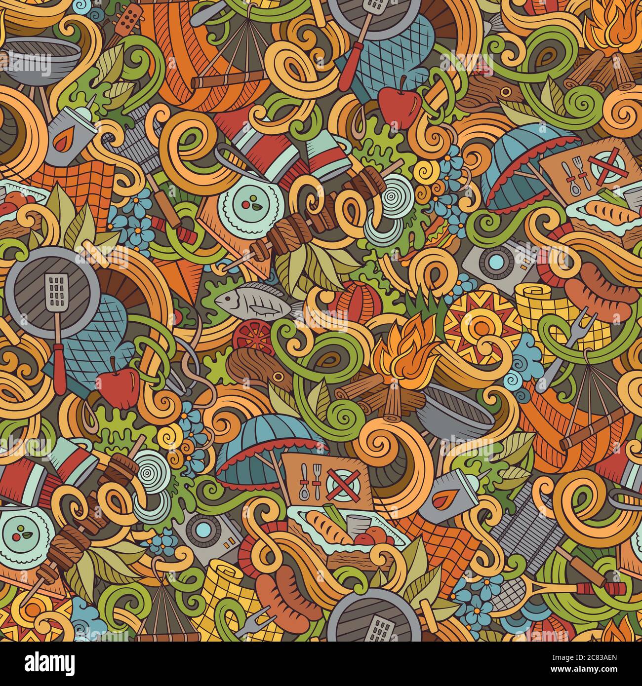 Cartoon hand-drawn picnic doodles seamless pattern Stock Vector