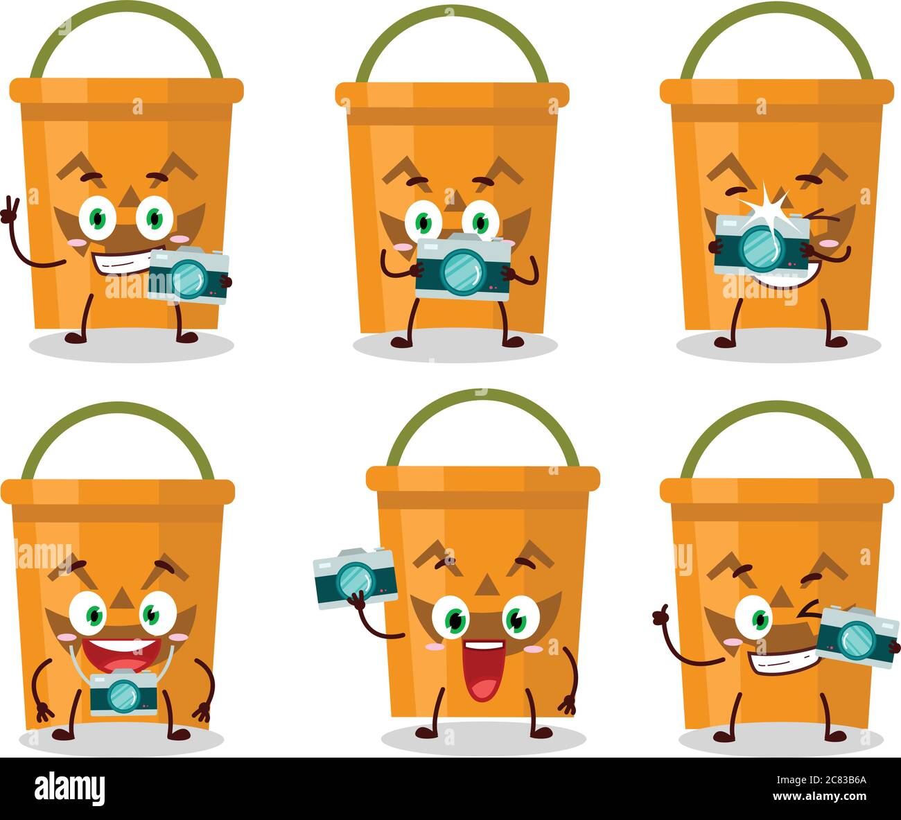 Photographer profession emoticon with halloween bucket cartoon character Stock Vector