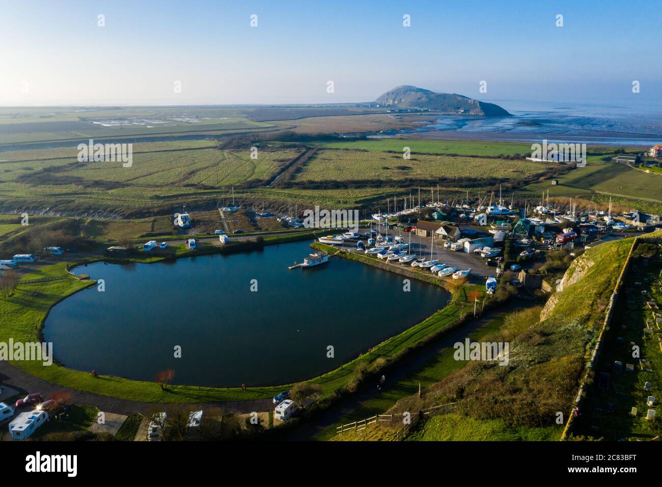 Aerial view of Uphill hill and boatyard near Weston Super Mare, UK