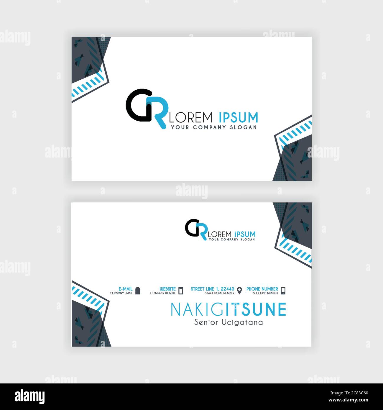 Simple Business Card with initial letter CR rounded edges with a blue and gray corner decoration. Stock Vector
