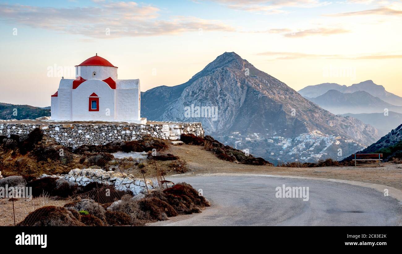 GREECE, KARPATHOS - OCTOBER 17, 2019 - Church of St George, in the background the village of Olympos Stock Photo