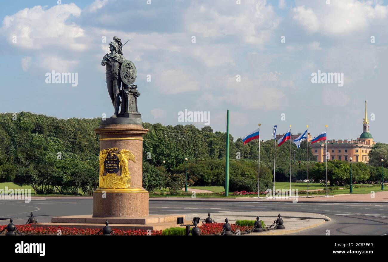Saint-Petersburg, Russia - July 28, 2019: The monument of the last Generalissimo of the Russian Empire Alexander Suvorov by Mikhail Kozlovsky in 1801. Stock Photo