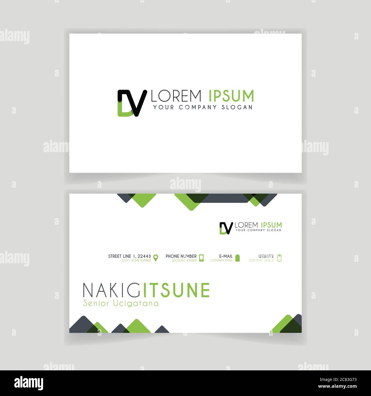Simple Business Card with initial letter DV rounded edges with green ...