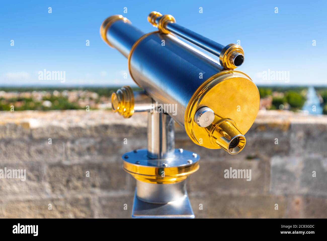 Close up of a polished and shining steel telescope on the medieval walls of  the French town of Aigues Mortes, overlooking the countryside below Stock  Photo - Alamy