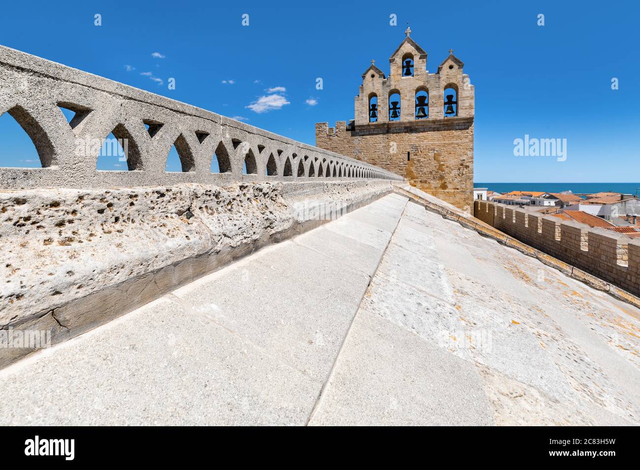 Wide angle view of the rooftop of the french church of Saintes Maries de la Mer Stock Photo