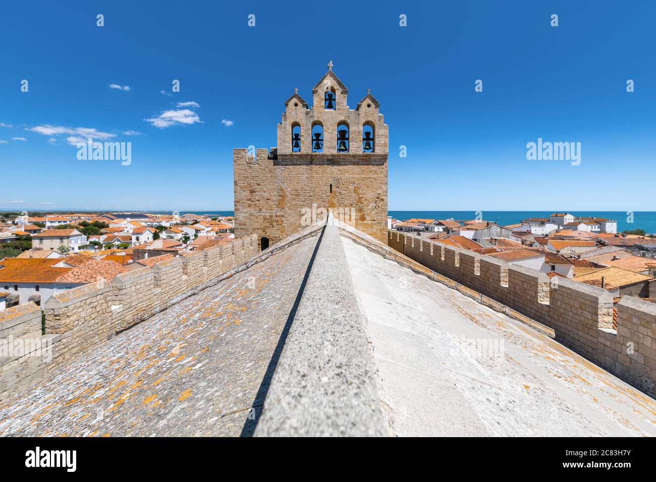 Symmetrical wide angle view of the rooftop of the french church of Saintes Maries de la Mer Stock Photo