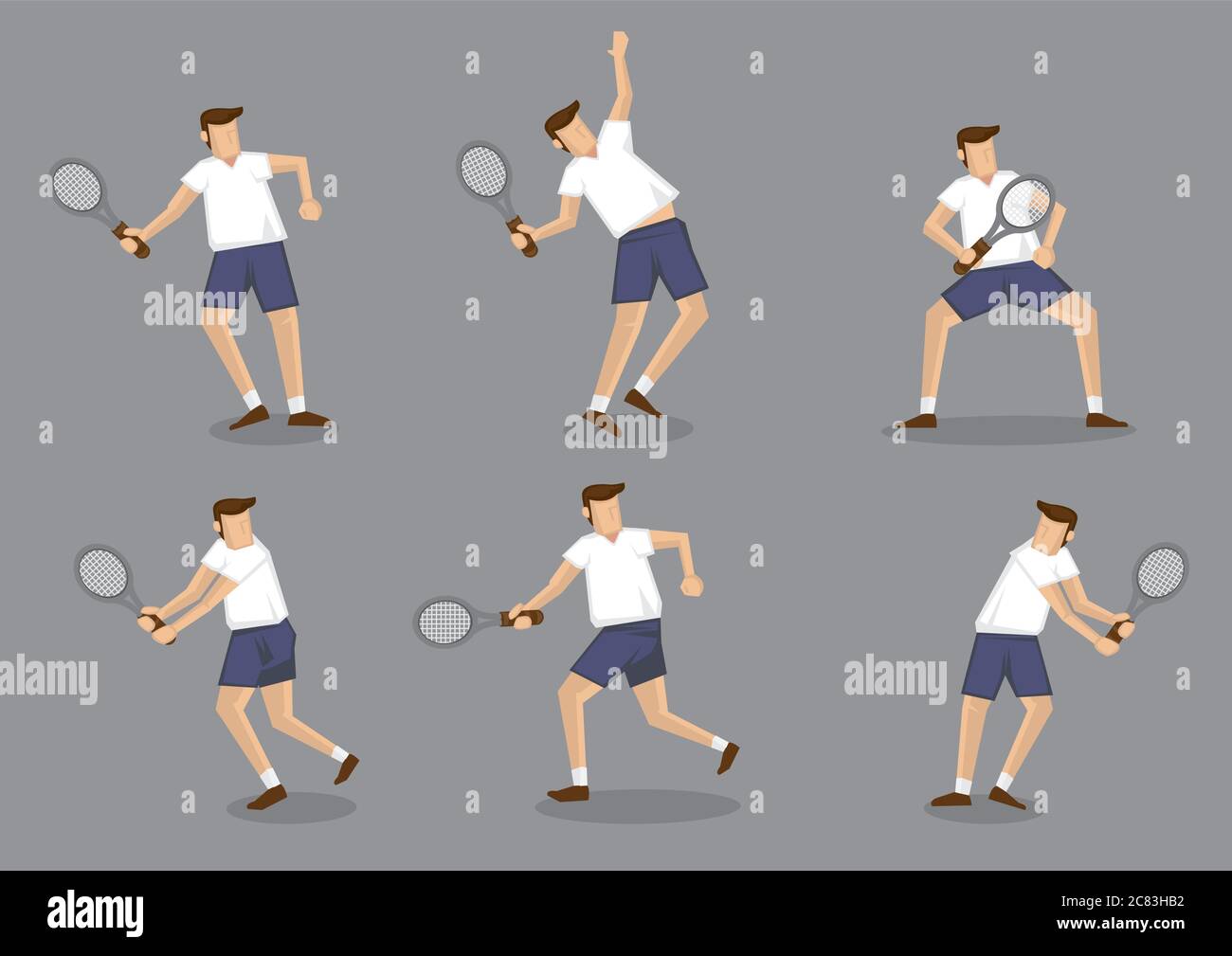 Set of six vector illustration of man character holding tennis racquet and striking different posses isolated on grey background Stock Vector